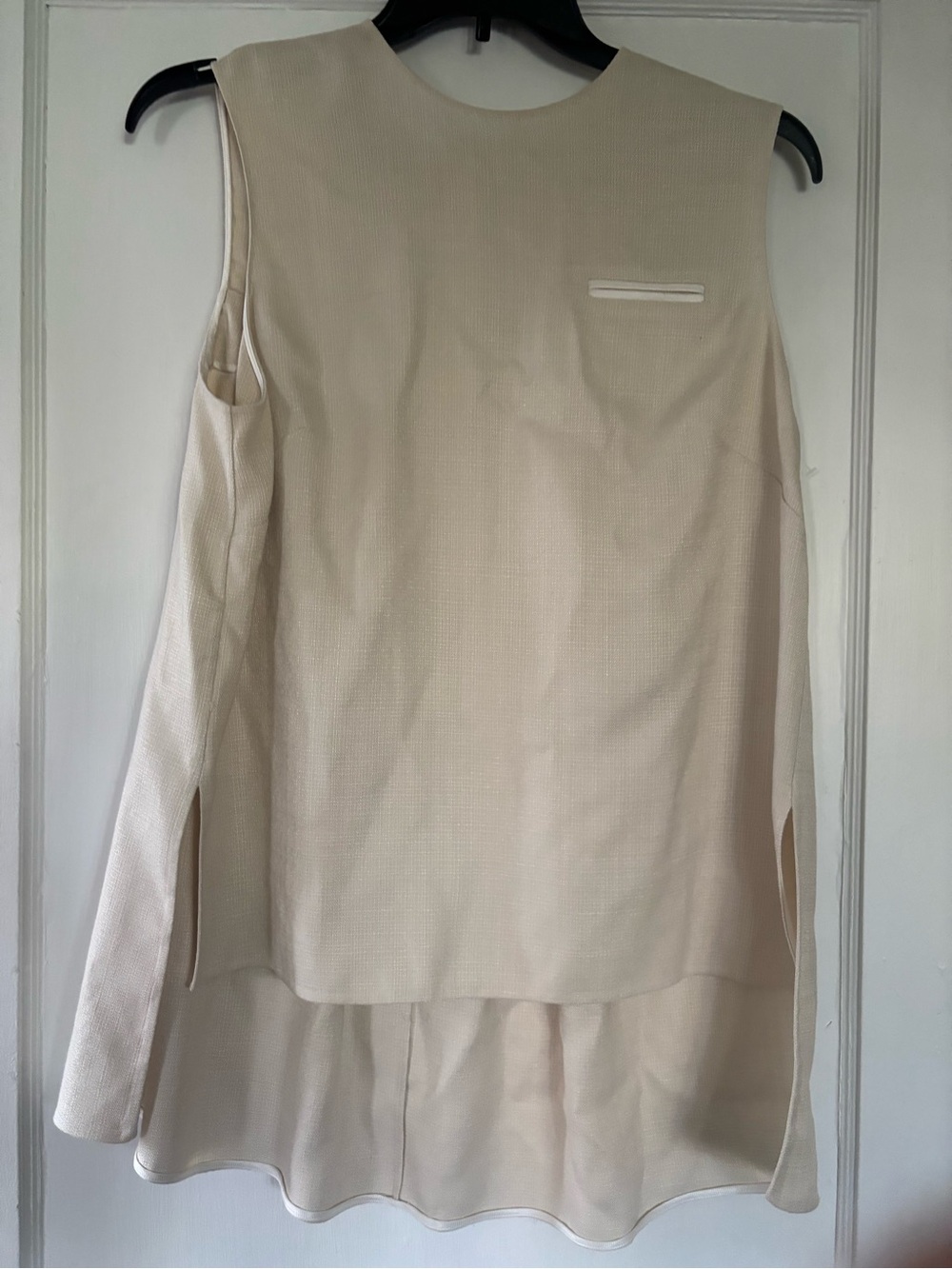 Adam Lippes Cream Textured Sleeveless Top with Gold Logo Plaque